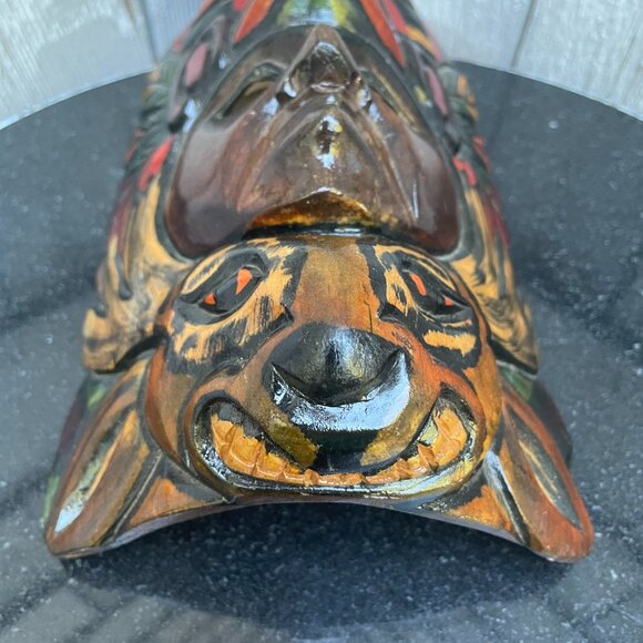 Warrior Chief Totem Mayan Aztec Face Mask Hand Carved Wooden Painted - Picture 4 of 6